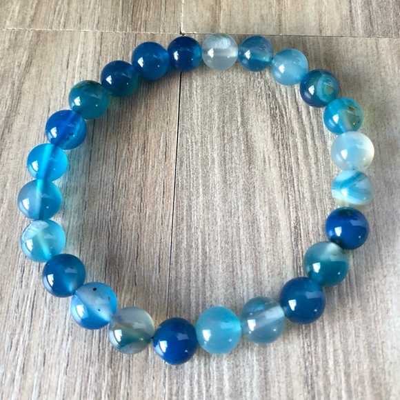 Blue Agate stripes Natural Stone Beads Stretchable Bracelet 7" - 8mm Beads - Picture 2 of 2